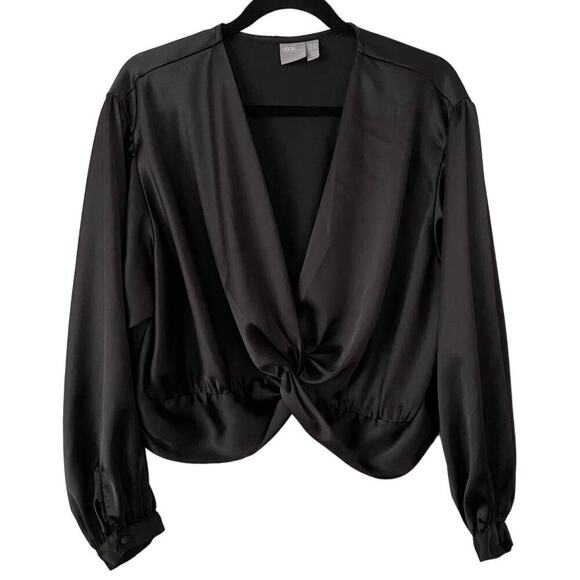 ASOS Cropped Sexy Black Satin Twist Front Long Sleeve Blouse - US 12 / UK 16 - Picture 1 of 5